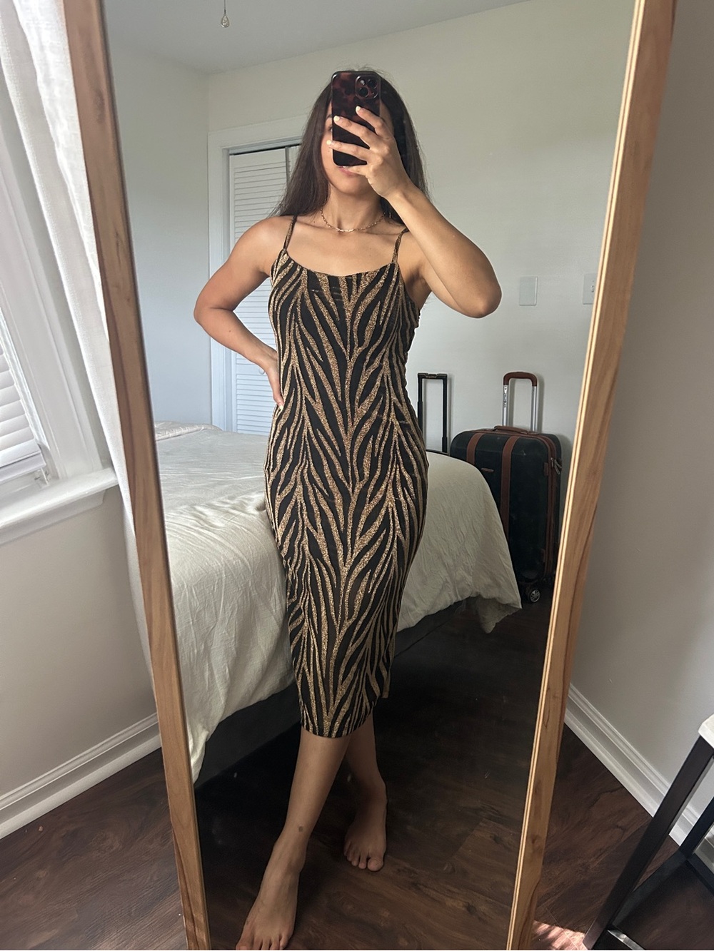 Love Tree Black Gold Zebra Animal Print Bodycon Midi Dress
